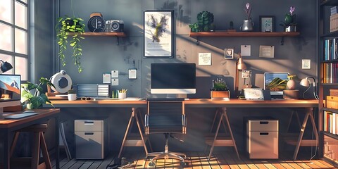 Illustration of a Cozy Home Office with Natural Light