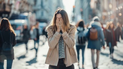 Fototapeta premium The upset woman on street