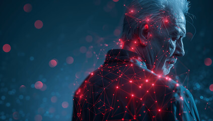 Elderly Man with Neural Network Connections in a Futuristic Digital Environment With Copy Space