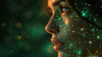 Create an image about Metaverse where green and black colors dominate, emphasizing advanced technology and the human factor