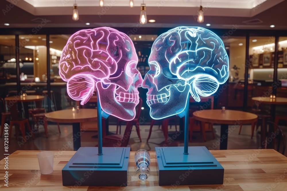 Poster neon brain hearts on display in a modern café symbolizing the fusion of intellect and emotion in a v