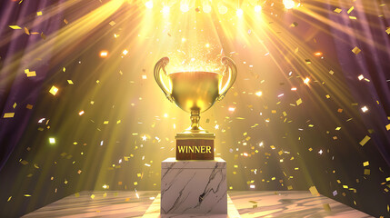 Radiant Golden Trophy on Marble Podium with Sparkling Confetti