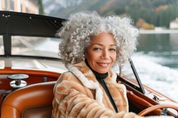 An elderly woman with silver hair pilots a wooden boat on a tranquil lake, exuding elegance in a fur coat. Ideal for showcasing a refined lifestyle or promoting a luxury retirement community