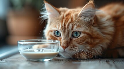 A Curious Ginger Cat Gazes at a Bowl of Milk