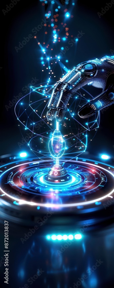 Poster futuristic robotic hand interacting with a holographic interface, symbolizing advanced technology an