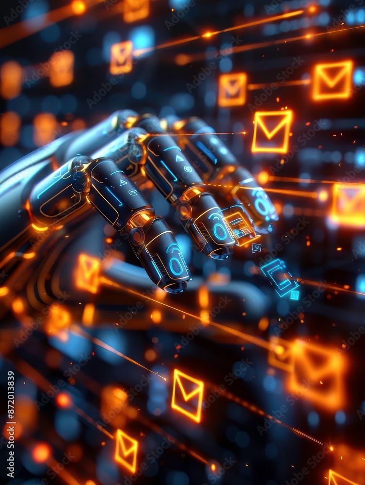 Poster futuristic robotic hand interacting with digital envelop icons, representing advanced technology and