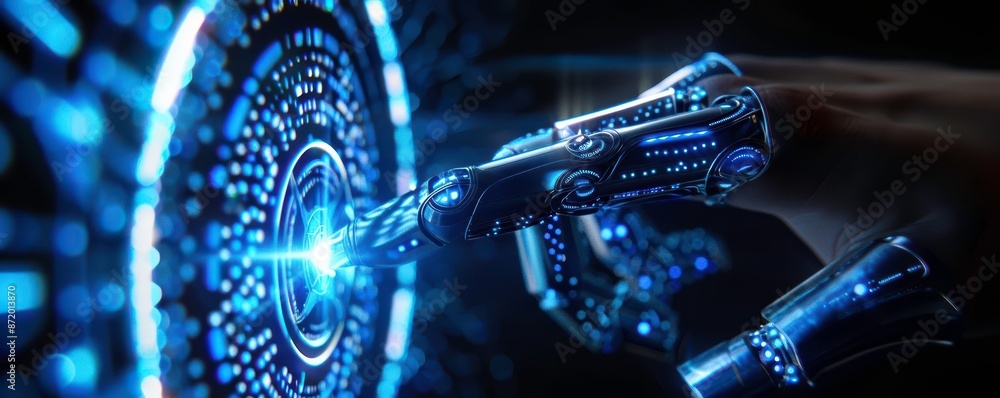 Poster futuristic robotic hand with neon lights interacting with a high-tech interface, showcasing advanced