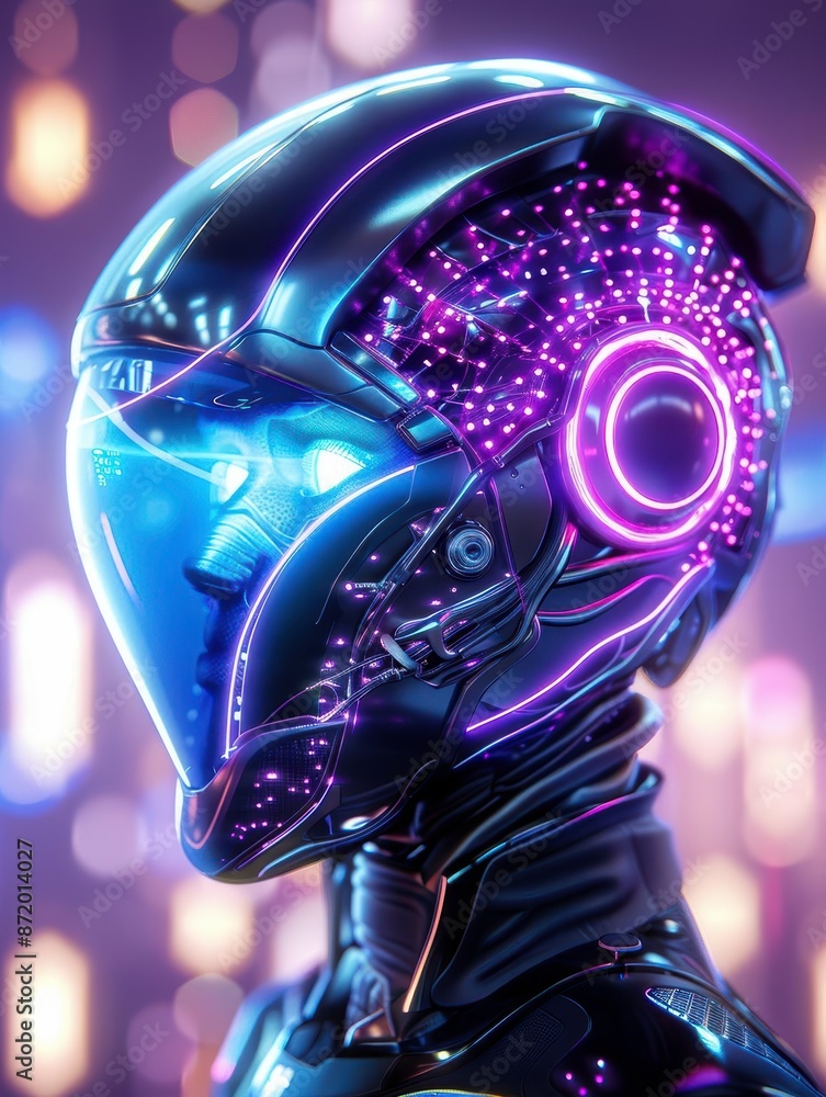 Poster futuristic sci-fi robot head with neon lights and a high-tech helmet, showcasing advanced technology
