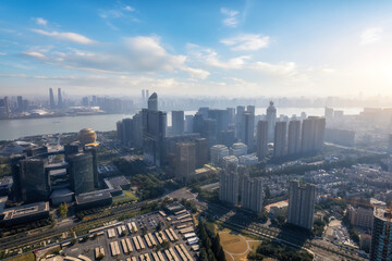Morning City Skyline with River and High-Rise Buildings