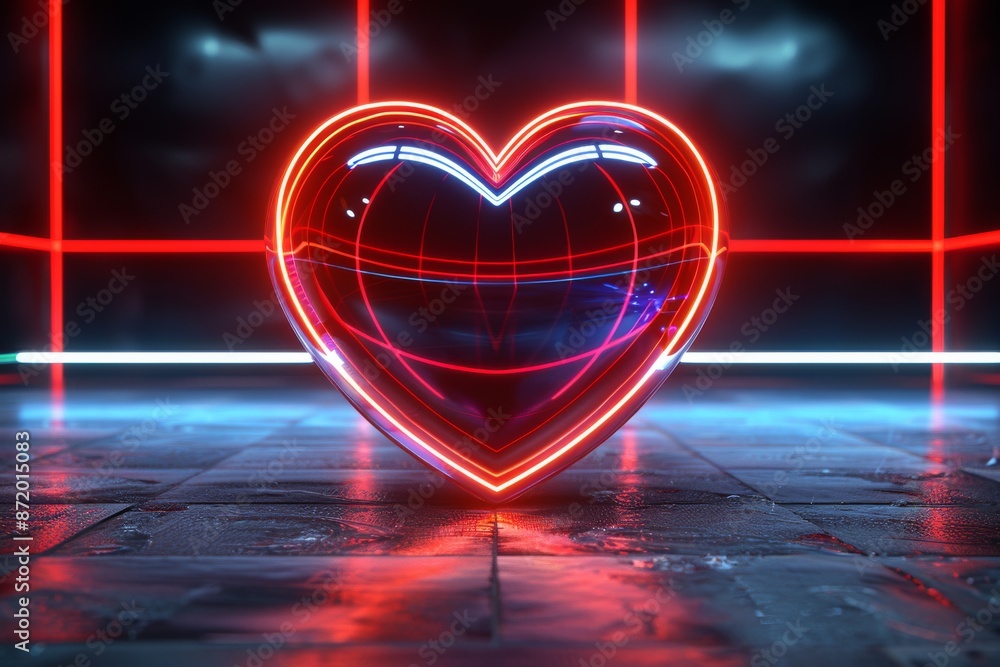 Poster neon red heart with grid lines in futuristic setting symbolizing digital love and modern aesthetics 
