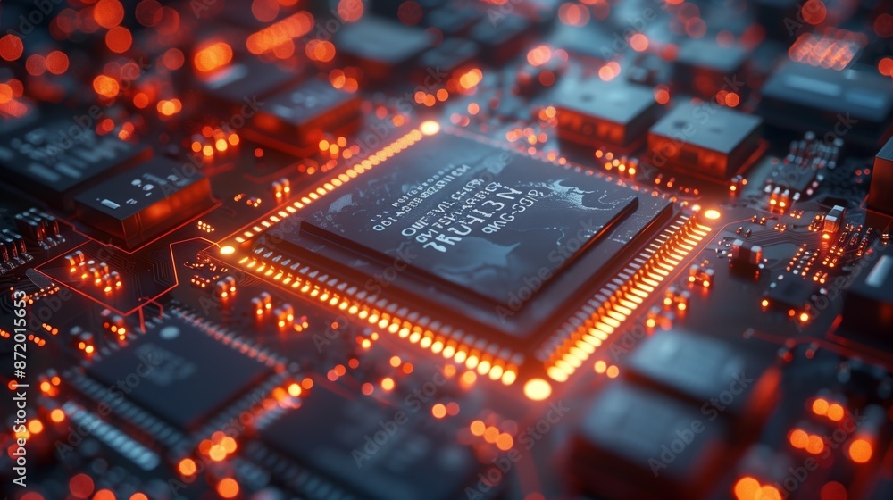 Poster A close-up shot of a computer chip with glowing orange lights on a circuit board.