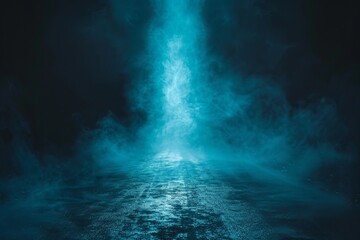 Obraz premium A smoky on the walkway floor background enhances the mystique of a dark road, from which a blue glow emanates, captured in the cyclorama style.