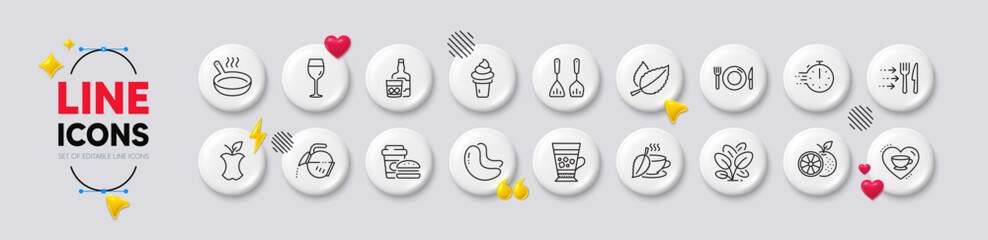 Food, Food delivery and Frappe line icons. White buttons 3d icons. Pack of Ice cream, Cooking timer, Mint leaves icon. Orange, Love coffee, Wine glass pictogram. Cashew nut, Mint tea, Spinach. Vector