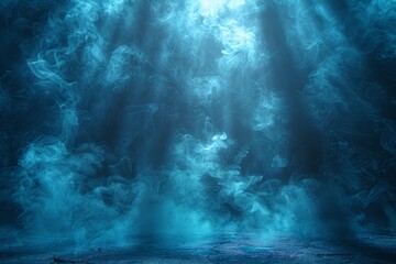 Obraz premium A smoky on the walkway floor background enhances the mystique of a dark road, from which a blue glow emanates, captured in the cyclorama style.