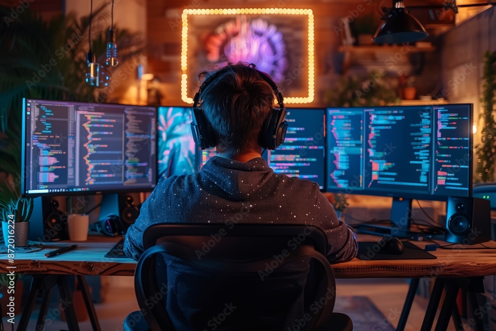 Poster programmer working late at night in home office with triple monitor setup