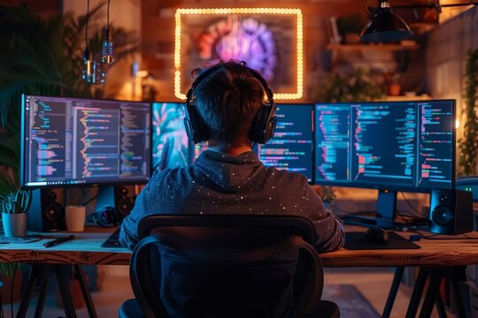 Programmer Working Late at Night in Home Office With Triple Monitor Setup