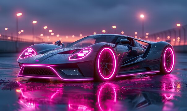 futuristic synth wave car in purple neon colours s style cyberpunk phonk music concept.stock photo