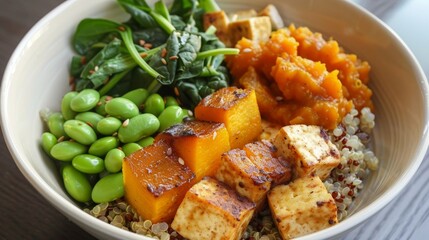 Nutritious vegetarian bowl with pumpkin, quinoa, spinach, edamame, and tofu for a healthy meal