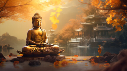 Buddha statue at sunset in a serene garden, seated in lotus position