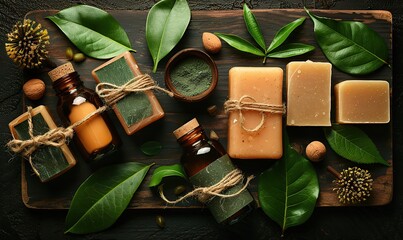 natural organic cosmetics set top view homemade soap jar of moisturizer cream body spray in amber glass bottle green leaf on wooden board spa bathroom beauty product design branding.stock image