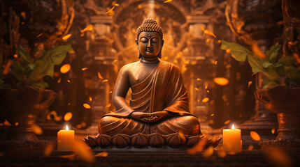 Buddha statue meditating peacefully in a golden temple