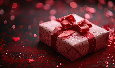 pink gift box wrapped red ribbon bow, red hearts, confetti on red background happy st valentines day mothers day birthday concept.stock photo