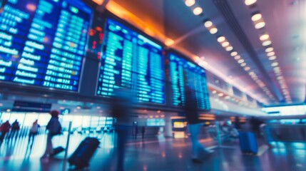 Blurred image of travelers in a vibrant airport terminal. A large blue flight information board displays schedules as people move with their luggage