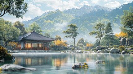 Fototapeta premium ight Gray and military green landscape, pine and cypress, Temple, Moire, Crane, mountain, water, Chinese style, gold foil outline, floor plan side view,fulllength shot,photo-realistic,