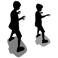 Vector silhouettes of a little boy on a balance beam, side view on a white background.