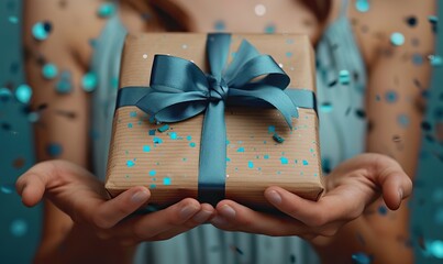 female hands holding vintage gift box, blue ribbon bow on pastel blue background, confetti happy fathers day birthday concept.stock photo