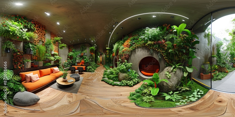 Poster an immersive 360-degree panorama of a green building showcase, where innovative architecture and ene