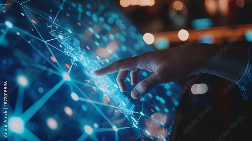 Poster futuristic technology robot and human hands touching on big data network background