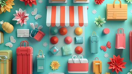 3D sales, flat design, top view, retail theme, animation