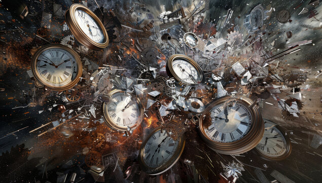A surreal depiction of time features a clock bursting into flames, creating a dramatic and intense visual.
