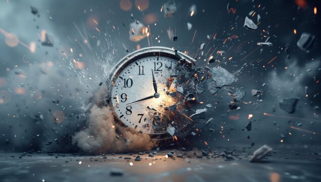 A surreal depiction of time features a clock bursting into flames, creating a dramatic and intense visual.