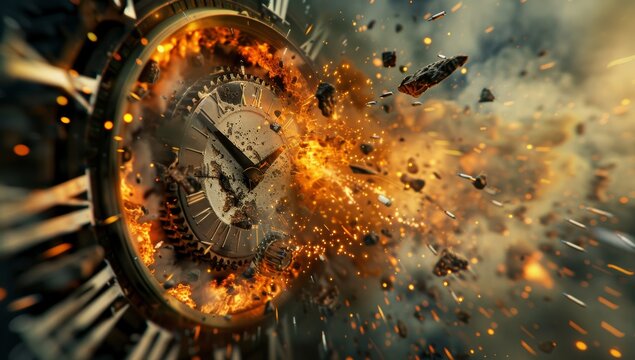 A surreal depiction of time features a clock bursting into flames, creating a dramatic and intense visual.