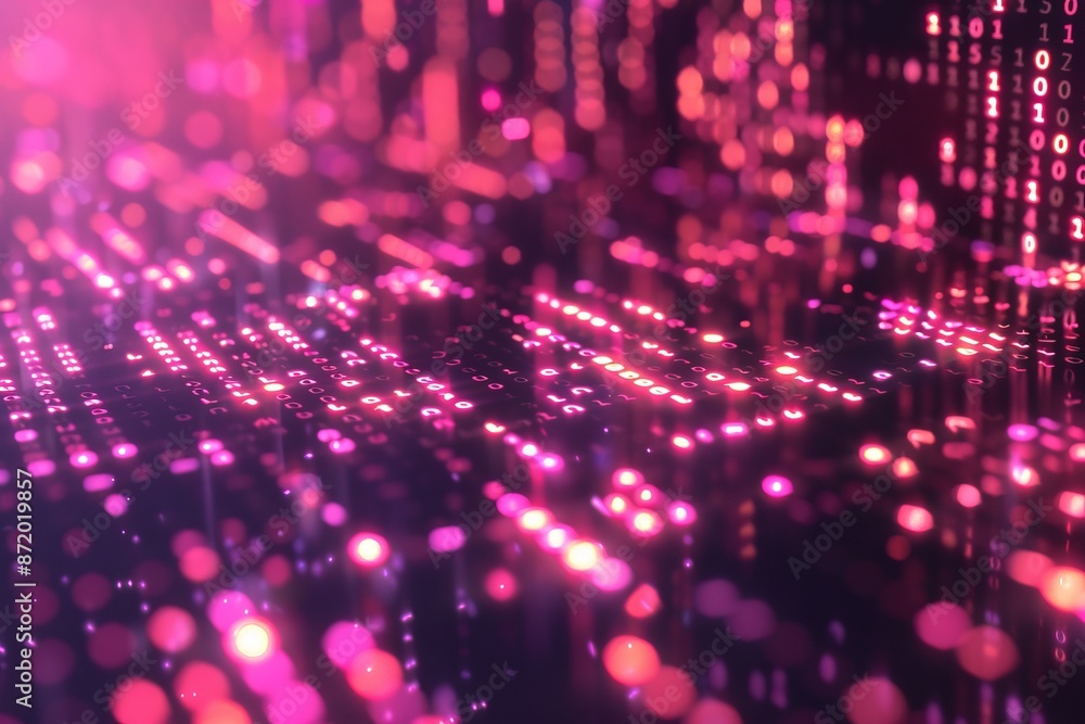 Poster abstract pink and purple light patterns on dark background representing digital data and technology 