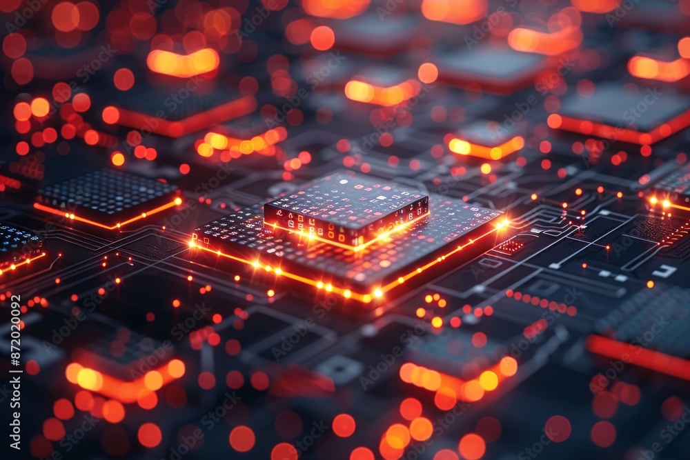 Poster circuit board with glowing orange and red pathways representing technology and connectivity in a vib