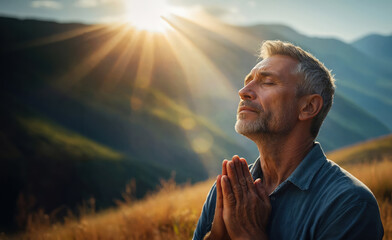 man in beautiful nature praying with joined hands and closed eyes behind rays of light, concept of hope and religion 