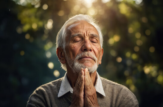 elder senior man with white hair praying in nature, concept of hope and traditional religion