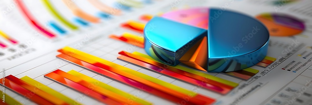 Poster 3d illustration of a pie chart on a spreadsheet with colorful bar charts
