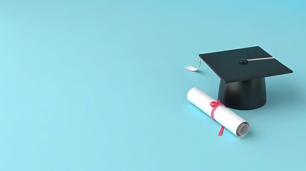 Graduation Cap and Diploma on Blue Background