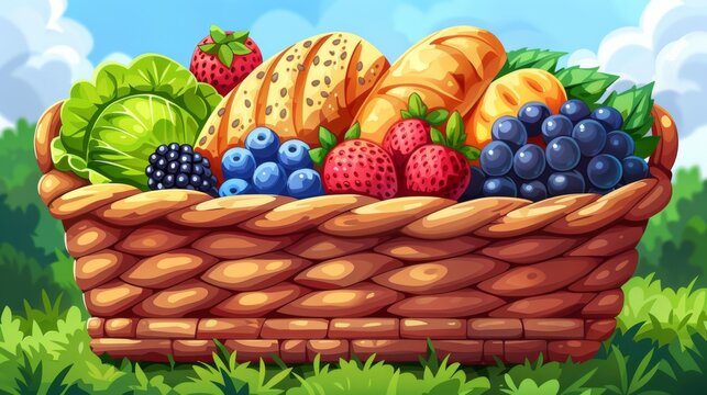 An immersive concept art capturing the essence of grocery shopping, featuring a full shopping cart brimming with an assortment of