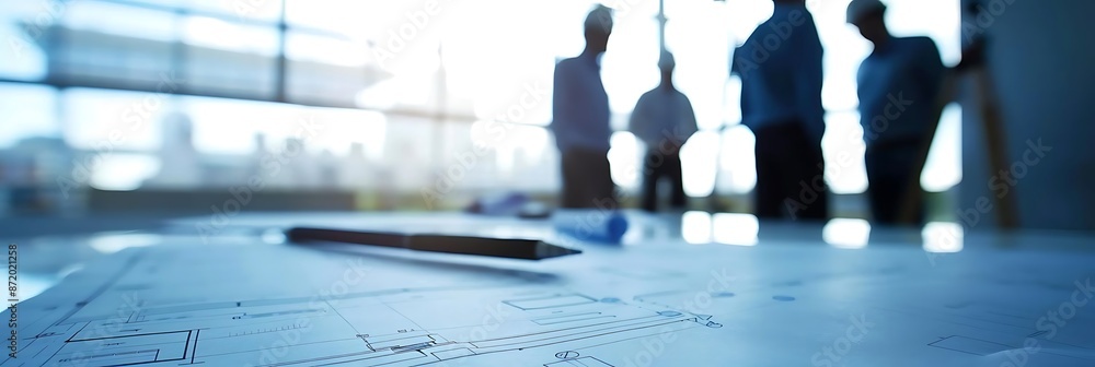 Poster blueprints on a table with blurred silhouettes of architects in the background - photo