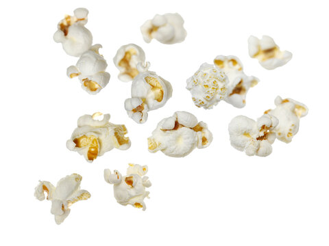 Flying popcorn isolated on white background, with clipping path, macro