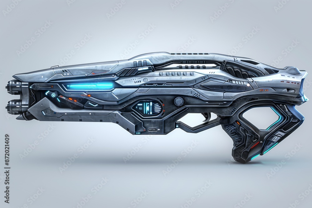 Poster futuristic spacecraft with metallic design and neon blue lights representing advanced technology and