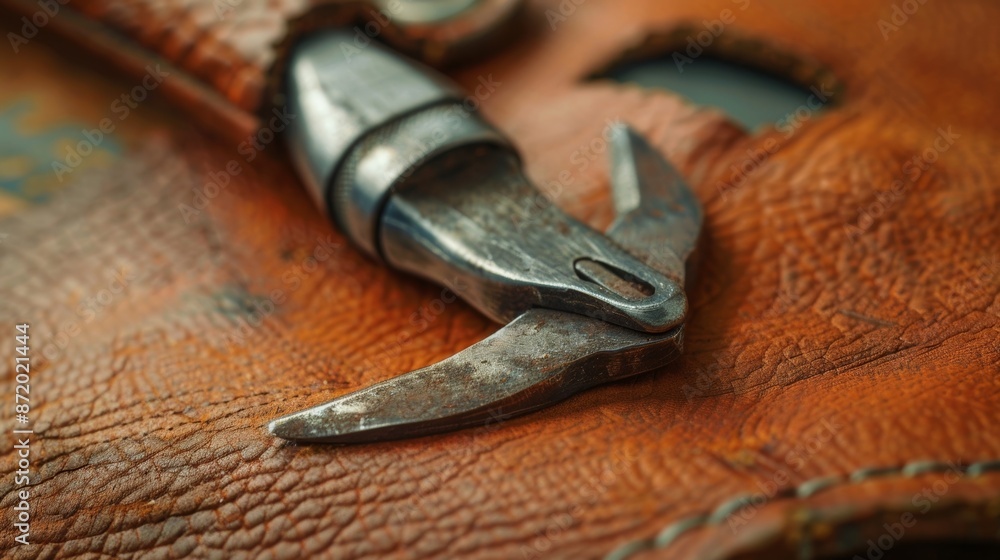 Poster a closeup of a leather punch its sharp edges and curved shape perfect for creating precise holes in 