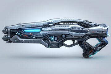 Naklejka premium Futuristic spacecraft with metallic design and neon blue lights representing advanced technology and innovation in a vibrant dynamic setting