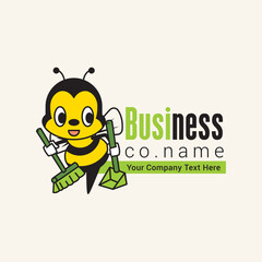 Cheerful housekeeping bee character cartoon, business logo, icon vector illustration on isolated background.