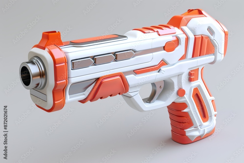 Poster futuristic toy gun with orange and white design symbolizing play and technology in a vibrant dynamic
